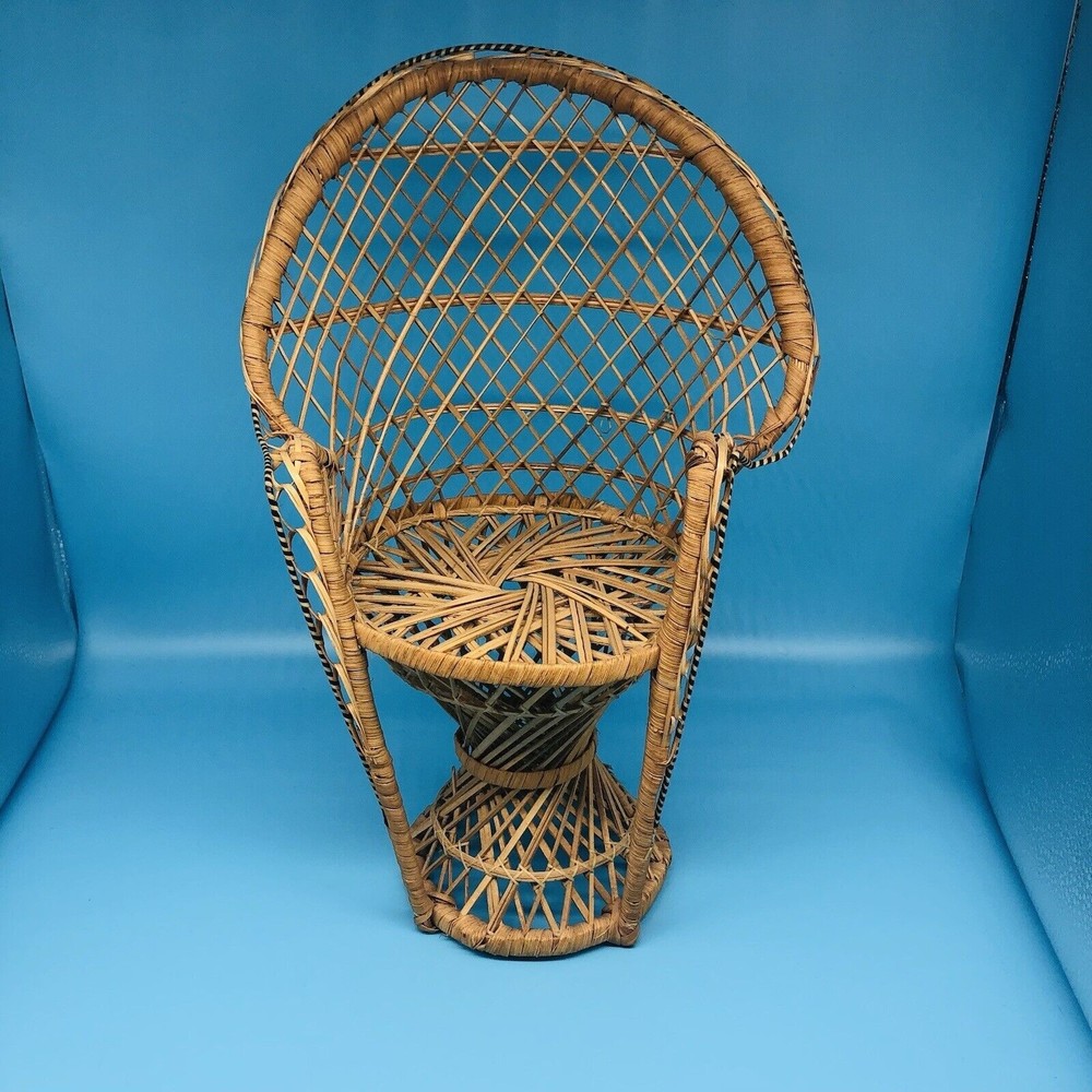 Mini Peacock Wicker Fan Back Rattan Chair 16” Doll Plant Stand Boho Decor